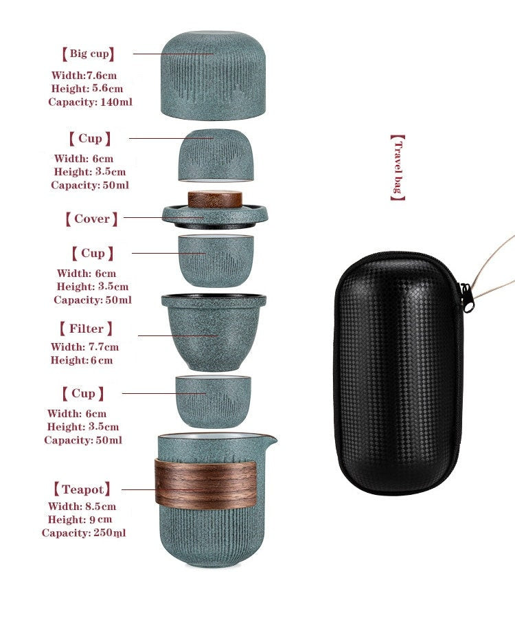 Glass Kuai Ke Cup One Pot Four Cups Portable Travel Tea Set with Bag | Bluestone Glaze Striped Quick Guest Cup  |  Four Cups Ceramic - acacuss