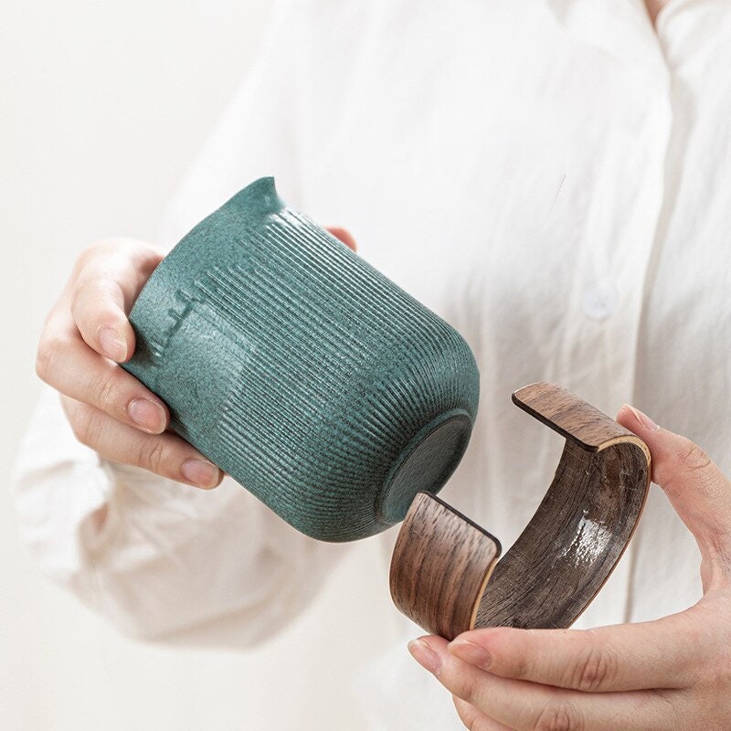 Glass Kuai Ke Cup One Pot Four Cups Portable Travel Tea Set with Bag | Bluestone Glaze Striped Quick Guest Cup  |  Four Cups Ceramic - acacuss