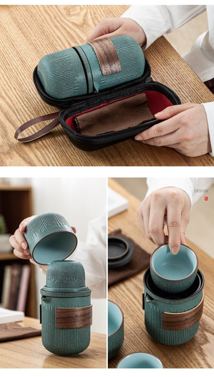 Glass Kuai Ke Cup One Pot Four Cups Portable Travel Tea Set with Bag | Bluestone Glaze Striped Quick Guest Cup  |  Four Cups Ceramic - acacuss