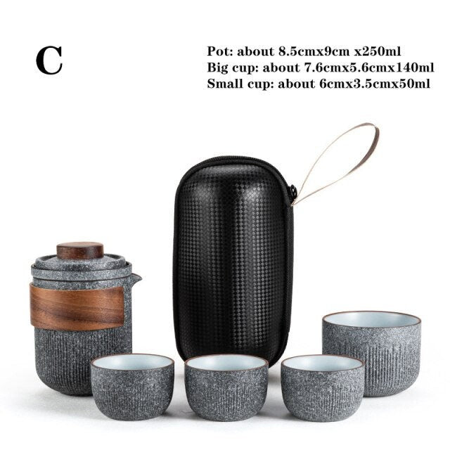 Glass Kuai Ke Cup One Pot Four Cups Portable Travel Tea Set with Bag | Bluestone Glaze Striped Quick Guest Cup  |  Four Cups Ceramic - acacuss