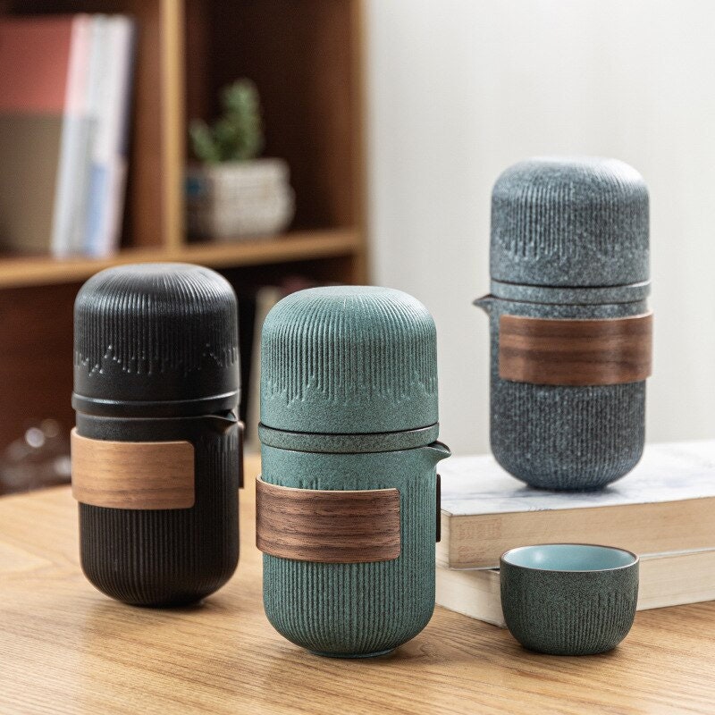 Glass Kuai Ke Cup One Pot Four Cups Portable Travel Tea Set with Bag | Bluestone Glaze Striped Quick Guest Cup  |  Four Cups Ceramic - acacuss