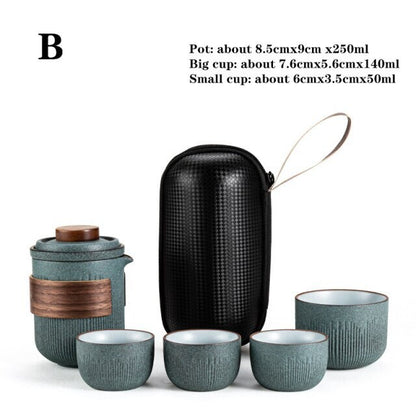 Glass Kuai Ke Cup One Pot Four Cups Portable Travel Tea Set with Bag | Bluestone Glaze Striped Quick Guest Cup  |  Four Cups Ceramic - acacuss