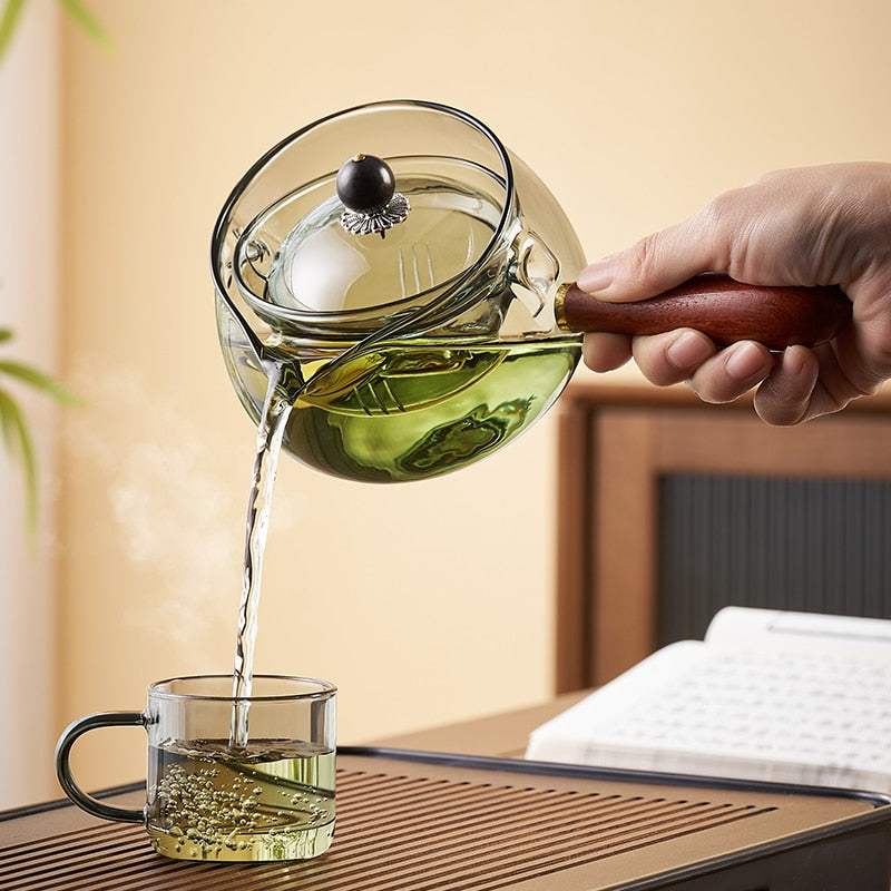 Glass Teapot With Wood Handle Chinese Tea Ceremony Pure Tea Kung Fu Tea Transparent Teawear Set Side Handle Glass Kettle acacuss