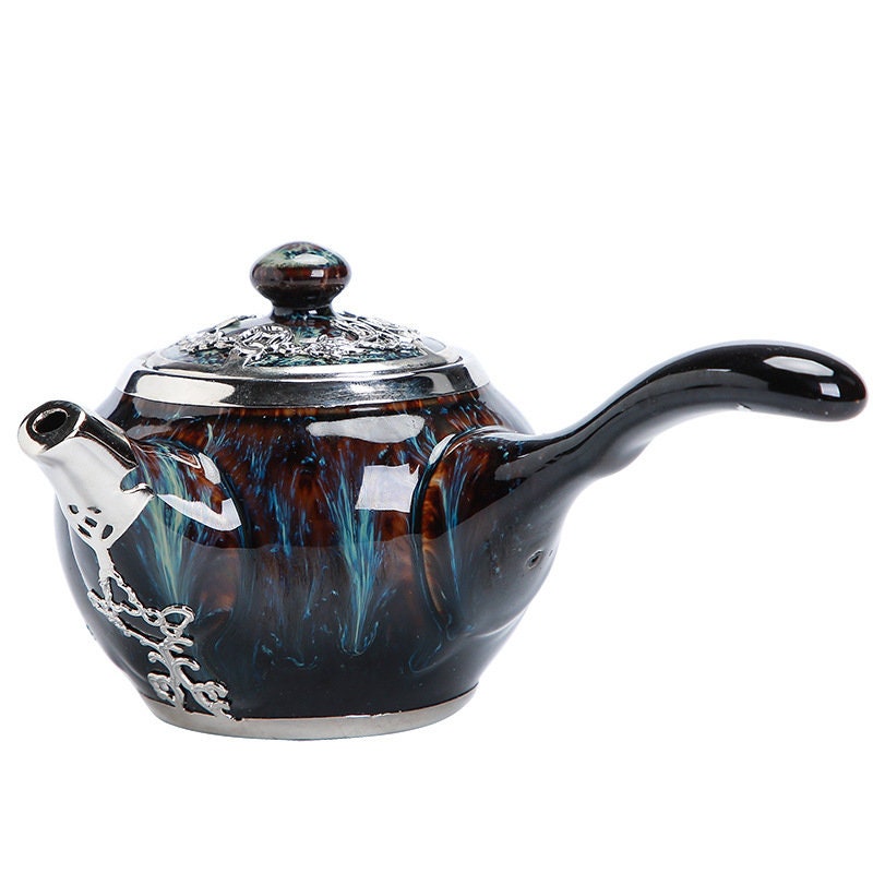 Gold inlaid jade hand-inlaid gold side handle pot Kung Fu tea set teapot tea cup Jianzhan tea single pot household high-end teapot - acacuss