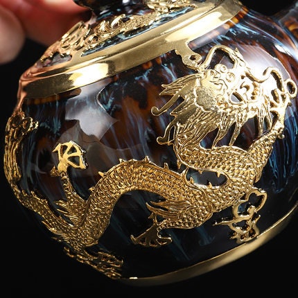 Gold inlaid jade hand-inlaid gold side handle pot Kung Fu tea set teapot tea cup Jianzhan tea single pot household high-end teapot - acacuss