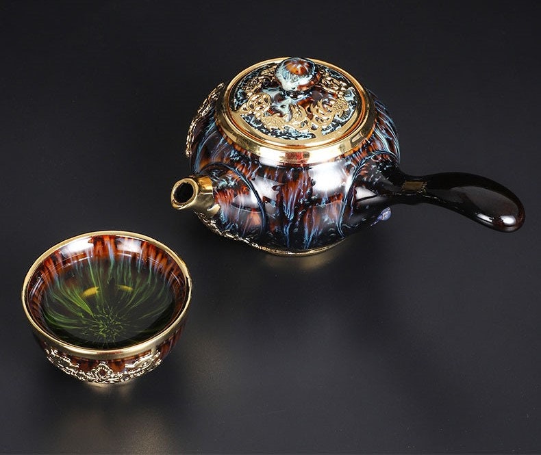 Gold inlaid jade hand-inlaid gold side handle pot Kung Fu tea set teapot tea cup Jianzhan tea single pot household high-end teapot - acacuss