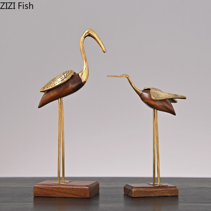 Golden Fairy Crane Wood Carving Crafts Sculpture Room Aesthetics Furnishings Desk Ornaments Brass Crane Statue Modern Home Decor acacuss