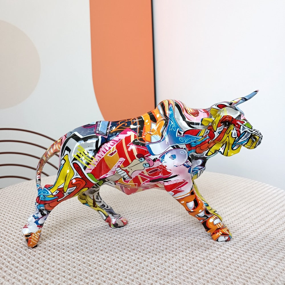 Graffiti Charging Bull Statue Resin Miami Animal Feng Shui Art Modern Sculpture Home Living Room Decoration Office Figurine Gift acacuss