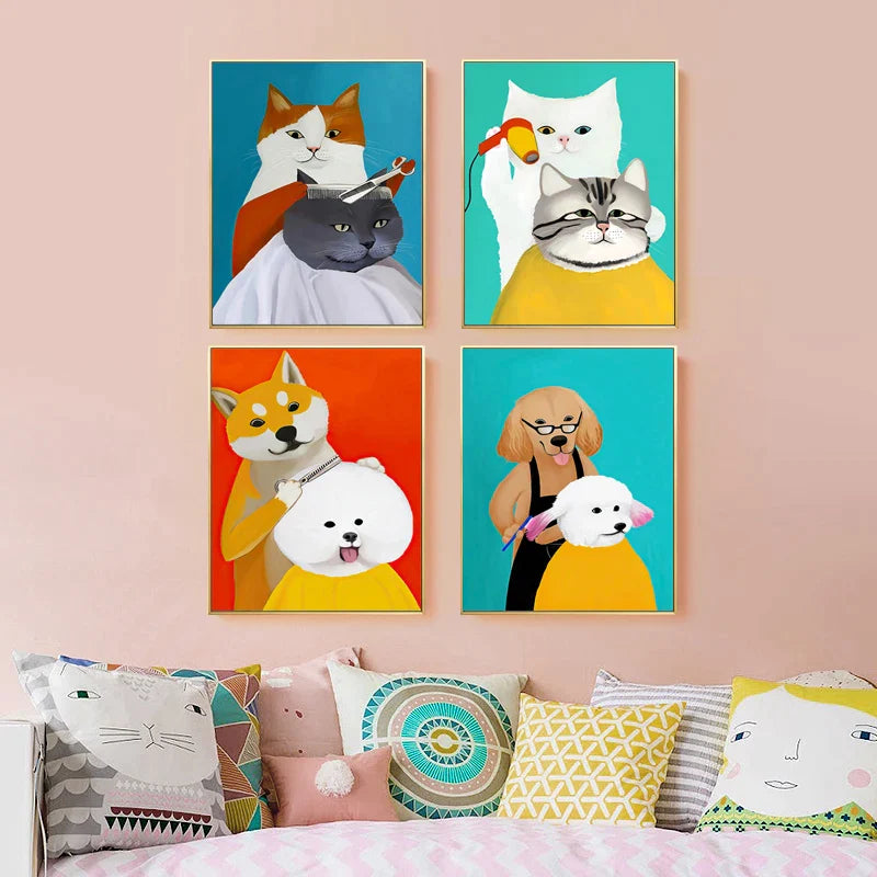 Anime Poster of Cat and Dog, Minimalist Art, Cartoon Animal Hairdresser Wall Picture, Painting for Pet Shop, Living Room Decor