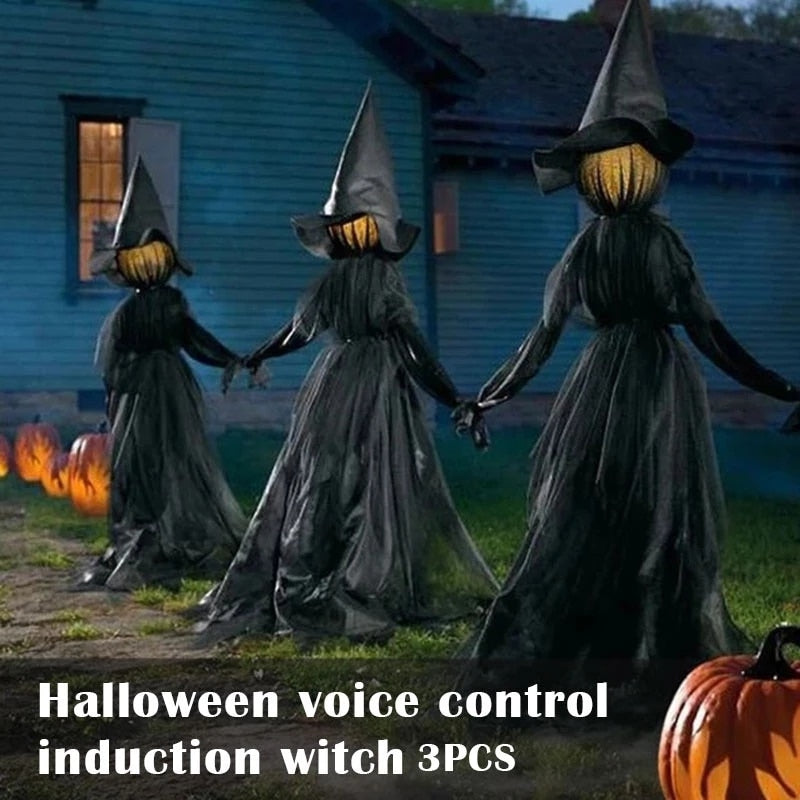 Light-Up Witches with Stakes Halloween Decorations Outdoor Holding Hands Screaming Witches Sound Activated Sensor Decor Dropship
