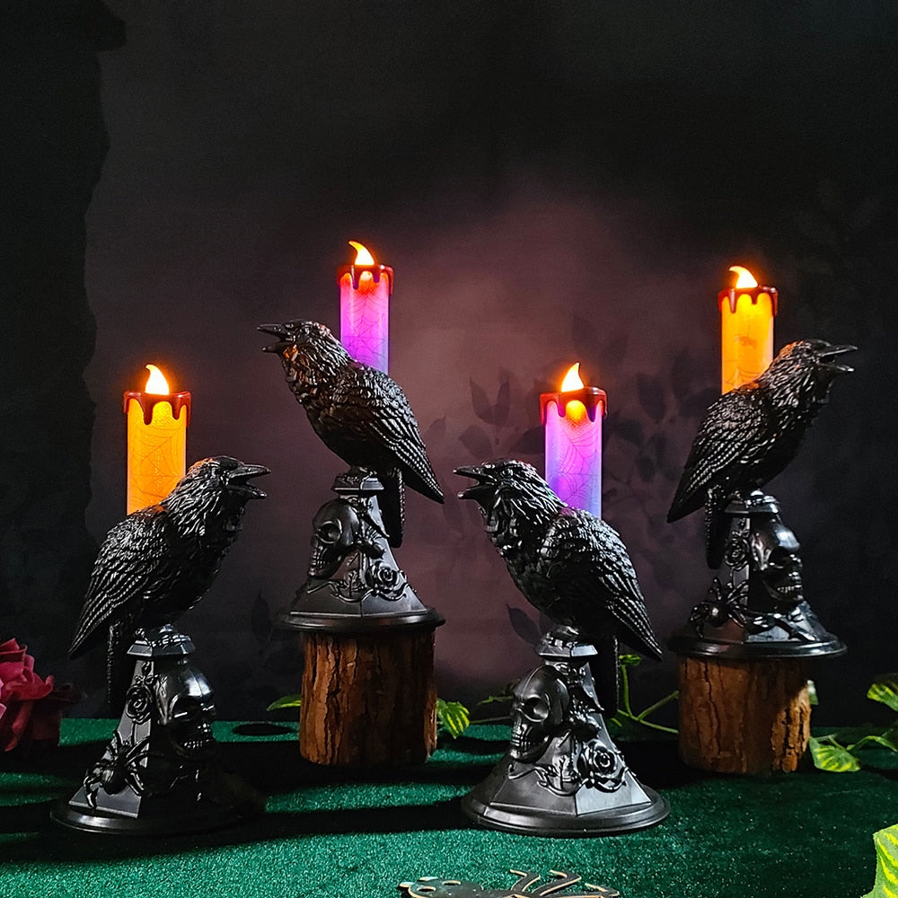 Halloween Crow Candle Light LED Resin Candlestick Lamp Horror Halloween Party Props Raven Candle Light Gothic Decoration acacuss