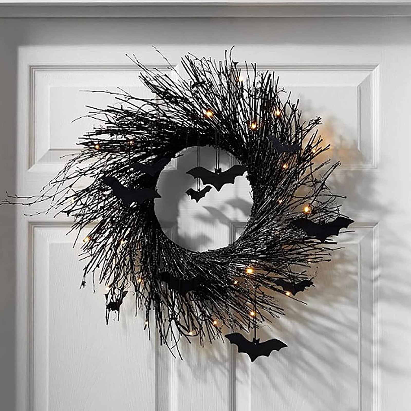 Halloween Wreath For Front Door Illuminated Christmas Garland Black Bat Rattan Wreath Halloween Decorations For Home Party Props acacuss