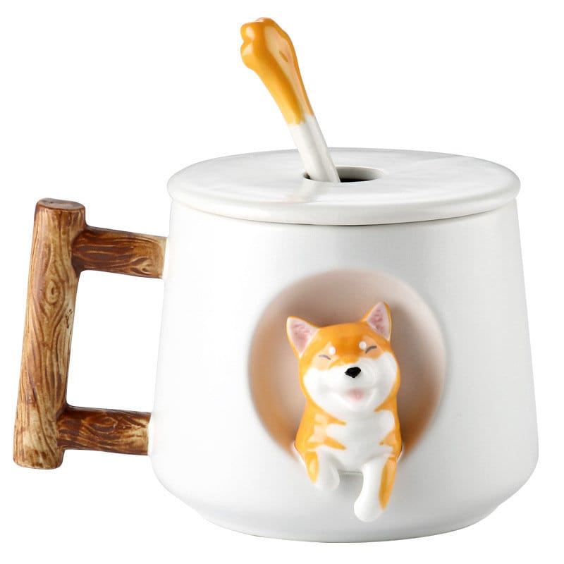 ACACUSS Handmade Shiba Inu Dog Lovers Large MUG For Coffee and Tea - Ceramic Personality Cute Shiba inu Mug With lid and spoon - ACACUSS