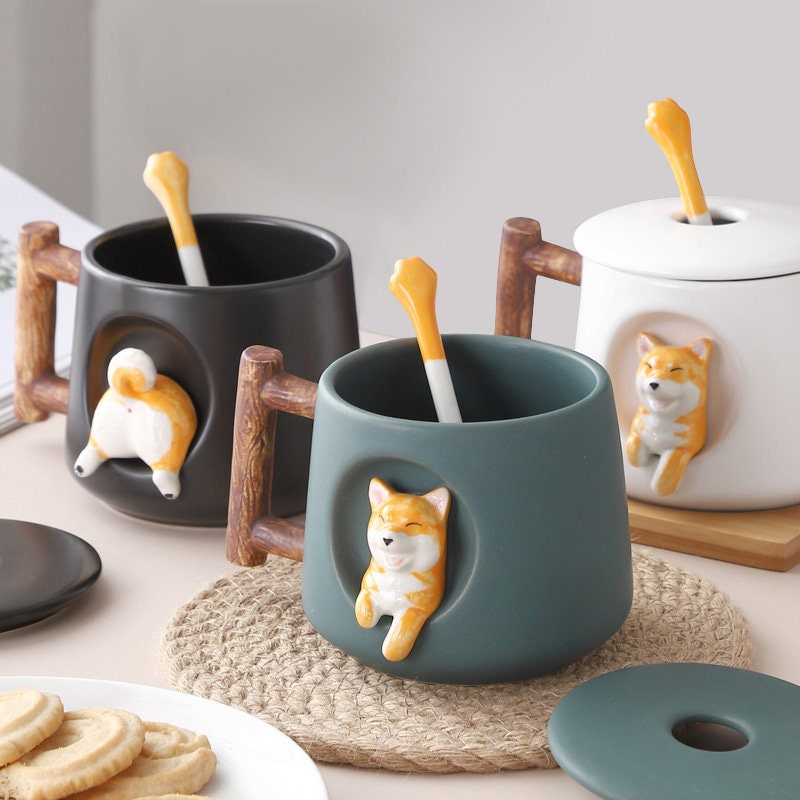 ACACUSS Handmade Shiba Inu Dog Lovers Large MUG For Coffee and Tea - Ceramic Personality Cute Shiba inu Mug With lid and spoon - ACACUSS
