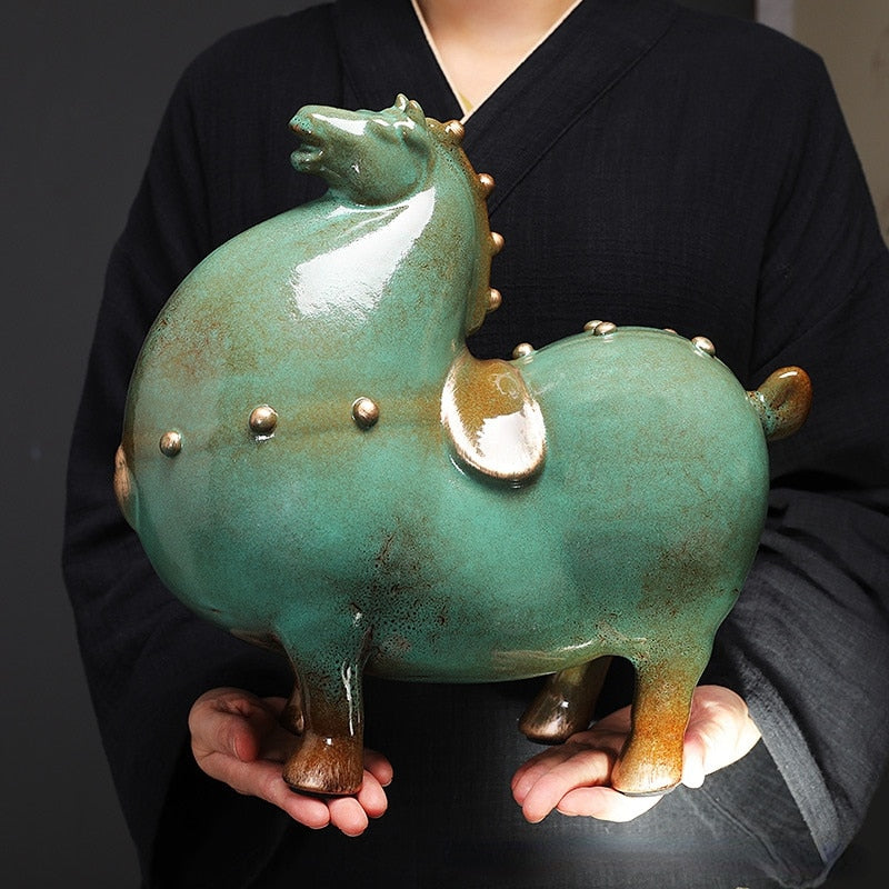 Home Decor Chinese Style Green Horse Ornament Lucky Tang Horse Office Living Room Decoration Desktop Decoration Ceramic Crafts acacuss