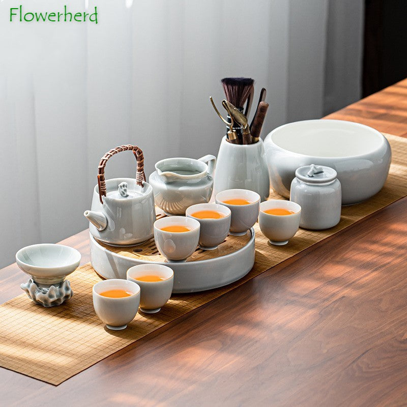 Ice Grey Glaze Kung Fu Tea Set Home Office Ceramic Teapot Handle Tea Cup Tea Tray Plant Grey Tea Pot and Cup Set Luxury Tea Set acacuss
