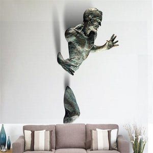 Imitation Copper Resin Ornament Abstract Character Wall Art Climbing Man 3D Through Wall Statue Sculpture acacuss