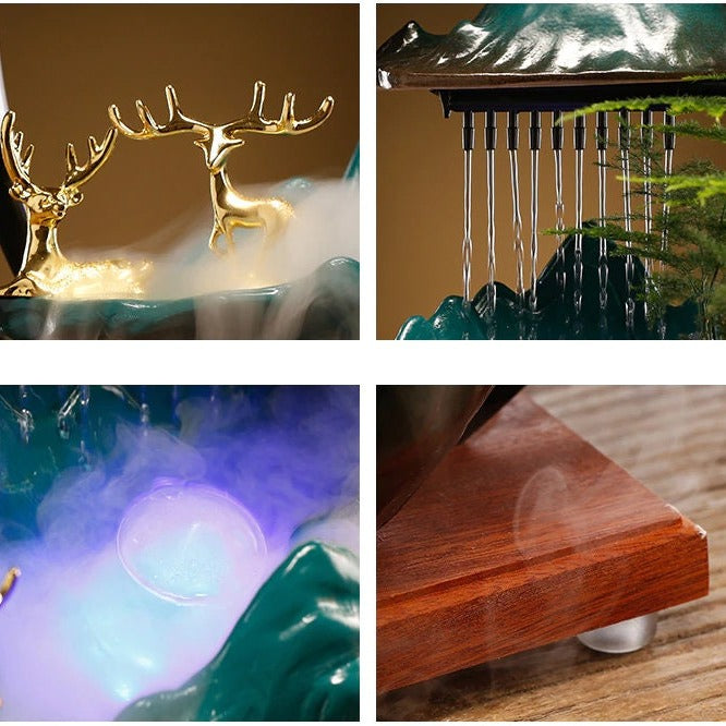 Backflow Incense Holder with Water Fountains and LED Light, Rockery, Deer  and Aquariums Perfect for Relaxing or Home Decor (Deer witn Fish Tank)