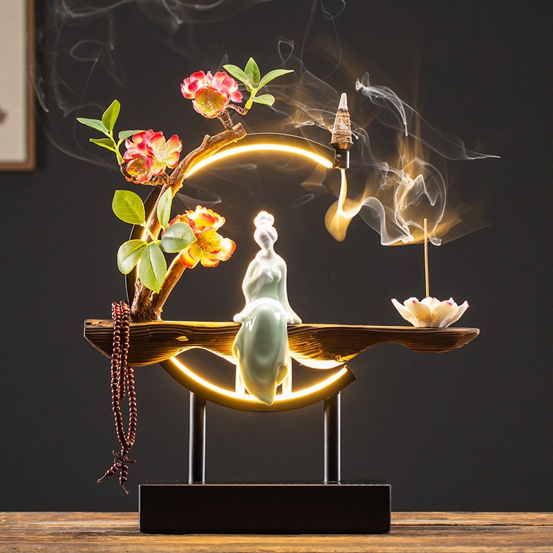 Waterfall Backflow Incense Burner Ladies Buddha Home Decoration Elk - Incense Stick Holder Buddha Decoration Ceramic Burner Handmade Flower - ACACUSS