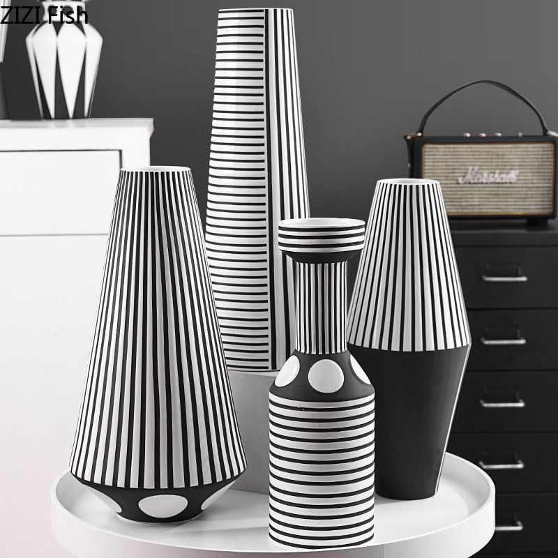 Irregular Black White Striped Vase Flower Arrangement Container Countertop Ceramic Hydroponic Flower Vase Home Decoration Crafts acacuss