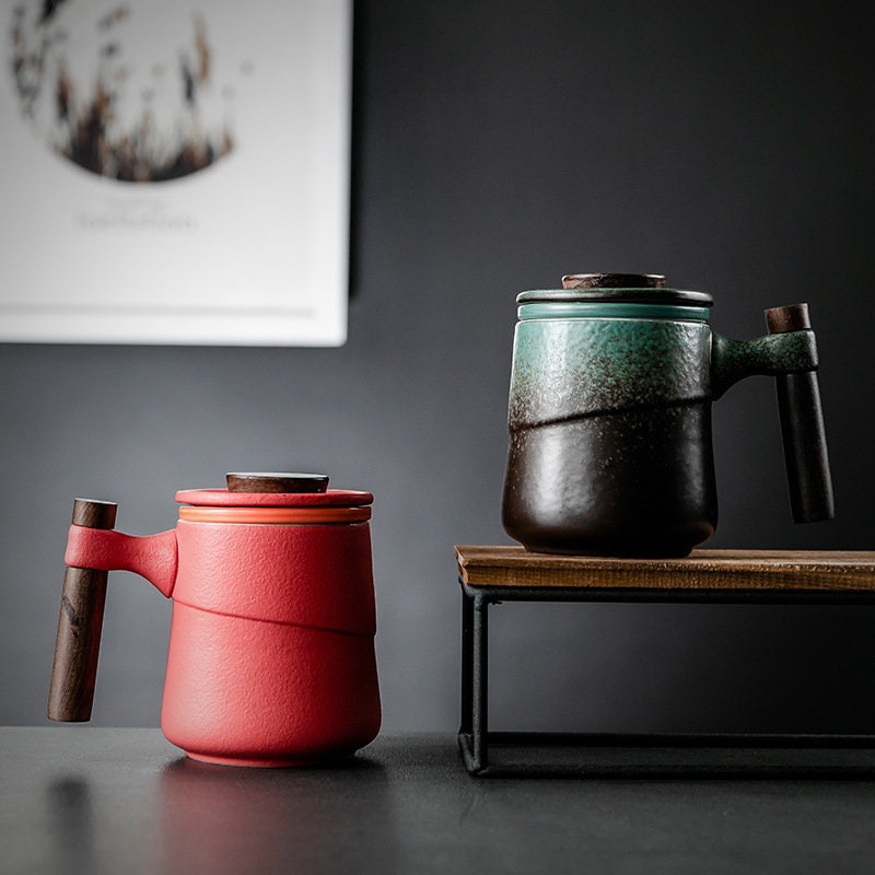 ACACUSS coffee mug Japanese Ceramic Tea Cup with Infuser Tea Cup With Lid Tea Separation Filter Water Ceramic Mountain Pottery Tea mug 450ml - ACACUSS
