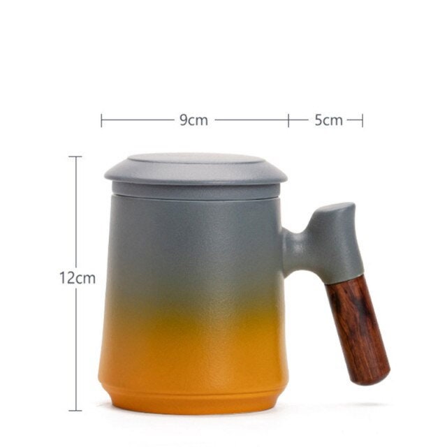 ACACUSS Japanese Ceramic Tea mug Set with Infuser and Lid Handmade Personalization Wooden Handle Filtered Tea Mountain Pottery Tea mug 450ml - ACACUSS