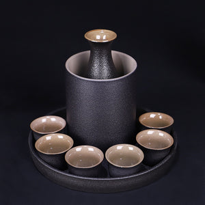 Japanese Style Ceramic Sake Pot Cup Set Black Pottery Liquor Wine Bottle Cups Tray acacuss