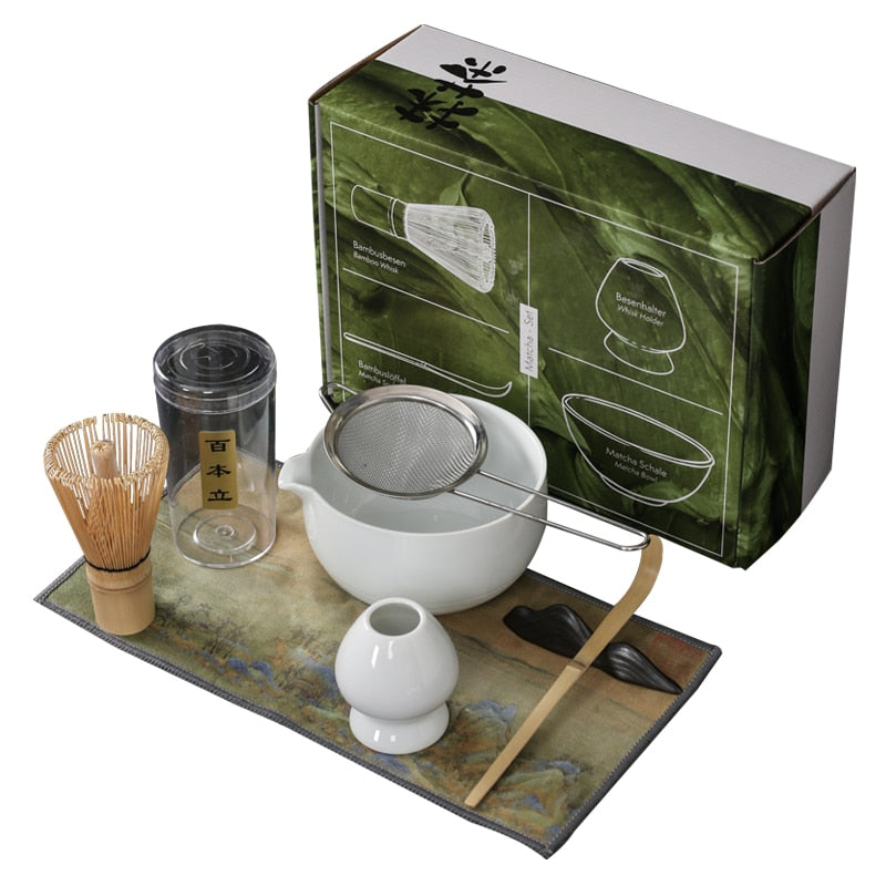Japanese matcha suits with dumping of mouth of bowl with ceramic egg beater matcha tea spoon of maccha powder compact gift box acacuss
