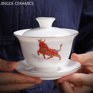 Jingdezhen Ceramic Gaiwan Chinese White Porcelain Teaset Tea Bowl Large Capacity Teacup Saucer Set Home Tea Maker Teaware Gifts acacuss
