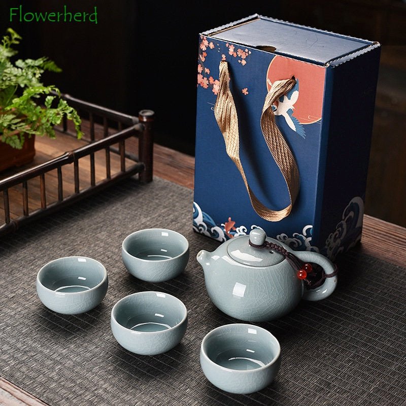 Ke Kiln Chinese Tea Set Teaware Kung Fu Travel Tea Set Gift Box A Teapot with Four Cups Event Gifts Tea Pot and Cup Set acacuss