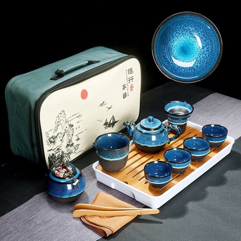 ACACUSS Kung Fu tea set travel bag - Chinese Tea Set Blue Amber Glaze Ceramic Temmoku Glaze Exquisite KungFu Portable Teapot Gaiwan Tea Cups - ACACUSS