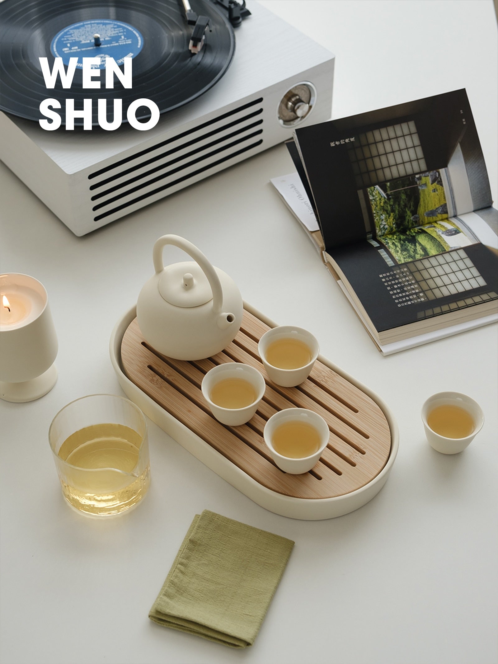 Kungfu Tea Set With Loop Handle Infuser,Warm Matte Cream Glaze,With Bamboo Serving Tray,Birthday/Party Gifts acacuss