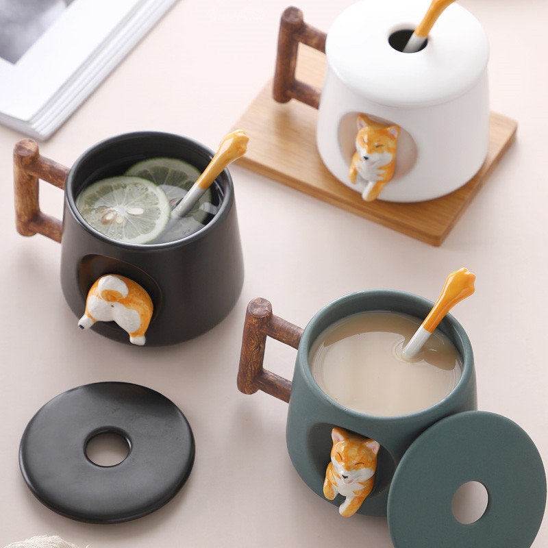 ACACUSS Large Coffee Mug great for coffee lover gift SHIBA INU Mug- Ceramic Mug With lid and spoon - dog coffee mug personalized - ACACUSS