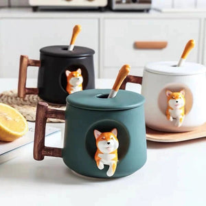 ACACUSS Large Coffee Mug great for coffee lover gift SHIBA INU Mug- Ceramic Mug With lid and spoon - dog coffee mug personalized - ACACUSS