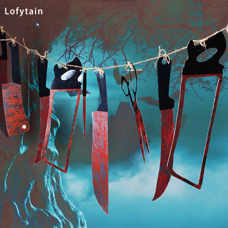 Lofytain 12pcs/lot Halloween Plastic Blood Knife Tools Sets Horror Spooky Haunted House Hanging Knife Garland Banner acacuss
