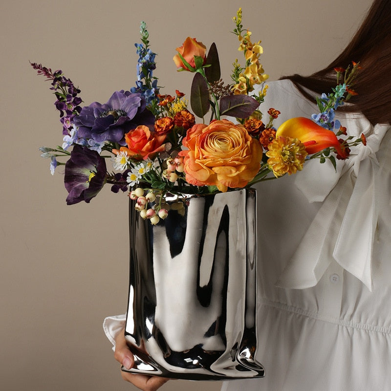 Vase a plantes de luxe en ceramique argentee galvanoplastie Arrangem acacuss