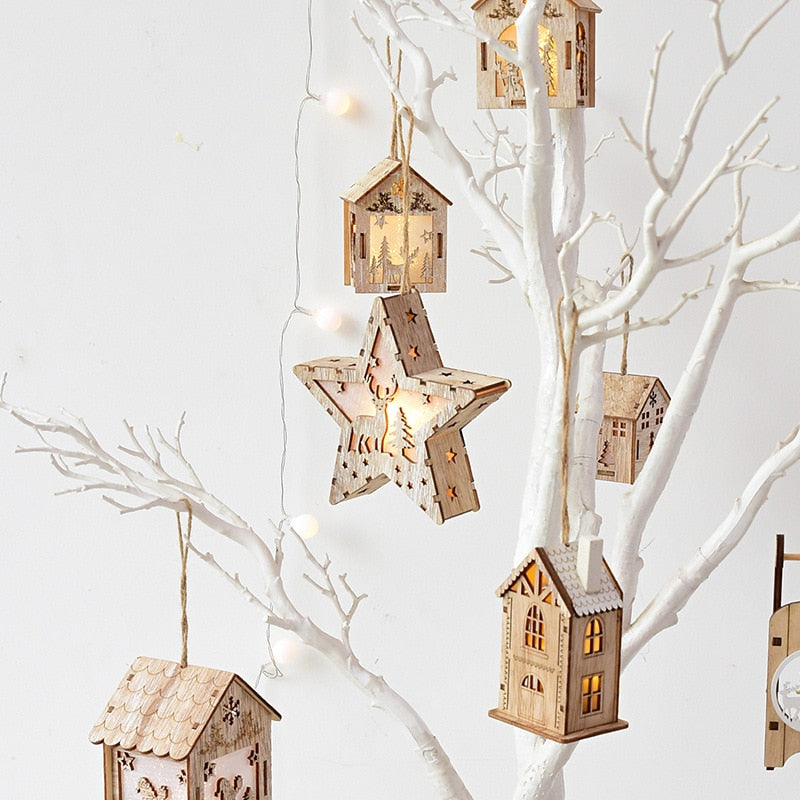 Merry Christmas LED Light Wooden House Luminous Cabin Christmas Decorations for Home DIY Xmas Tree Ornaments Kids Gifts New Year acacuss