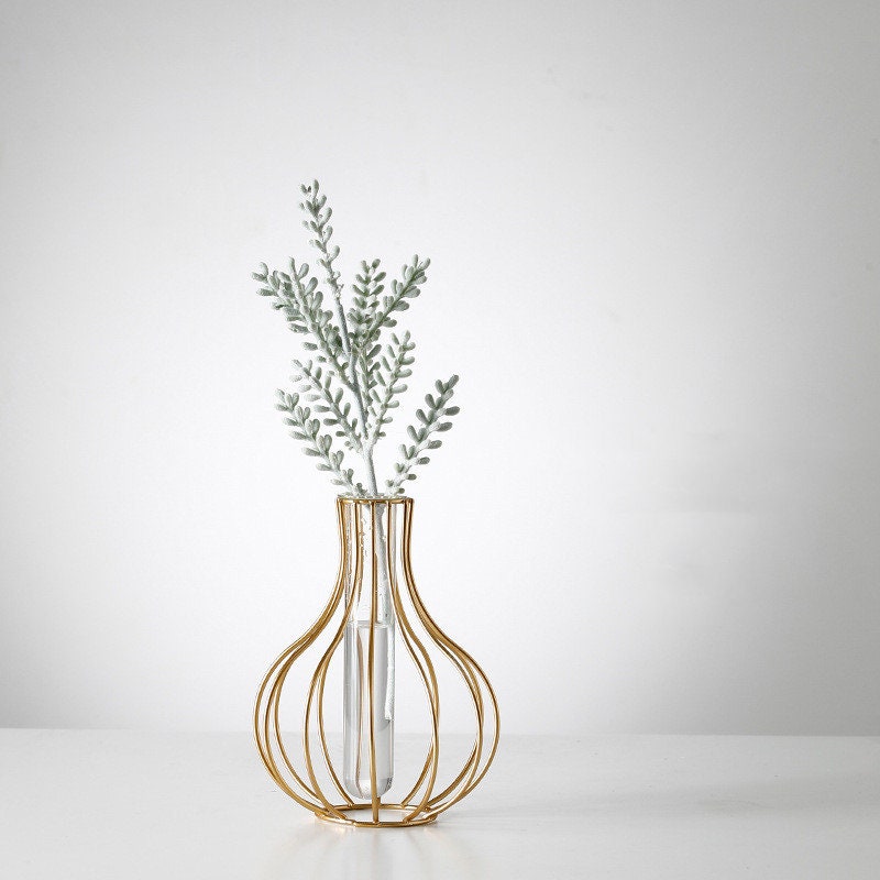 Modern Iron Golden Glass Vase Metal Wire Decorative Glass Tube Vase/Flower Vase Pot/Unique Handmade Home Decor/Living Room Office Table Vase - ACACUSS
