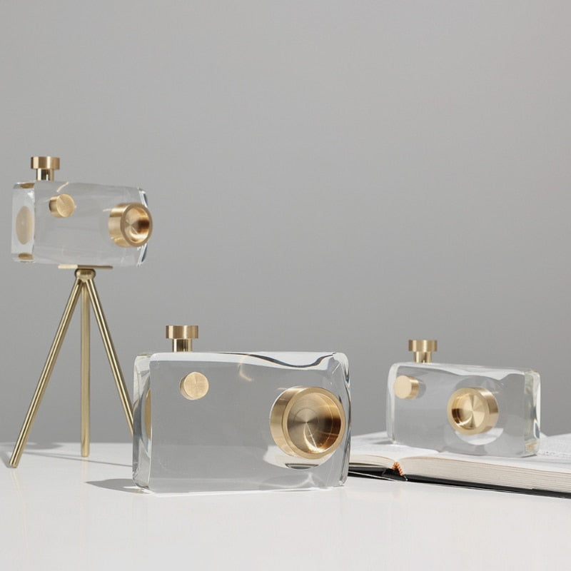 Modern Luxury Crystal Camera Sculpture Home Decor Accessories Creative Living Room Desktop Retro Tripod Camera Crystal Art Decor acacuss