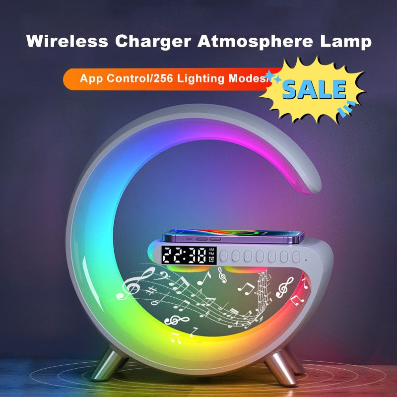 Multifunctional Wireless Charger Alarm Clock Speaker APP RGB Light Fast Charging Station for iPhone & Samsung acacuss
