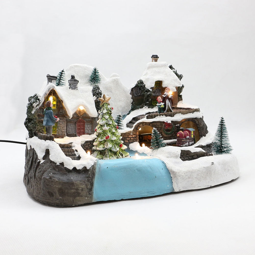 Music Playing With LED Lighting Christmas House Decorations Train And Christmas Tree Revolving Resin XMAS Villages Ornaments acacuss