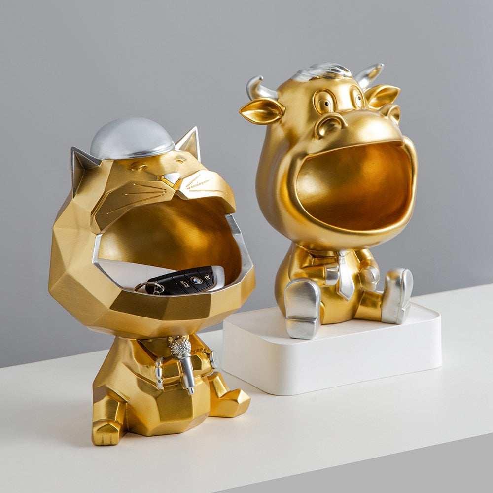 Nordic Golden Geometric Cat Sculpture Modern Decorative Key Snack Storage Abstract Animal Statue Desk Accessories Home Decor acacuss