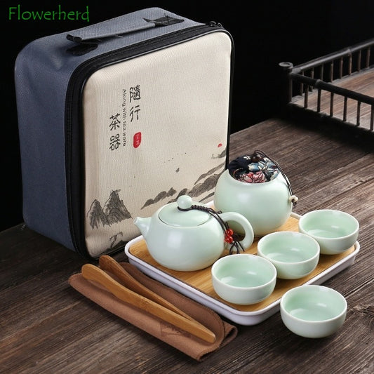 Portable Ceramic Porcelain Travel Kung Fu Tea Set Teaware Tea Pot and Cup Set Tea Caddy Storage Bag One Teapot Four Teacup acacuss