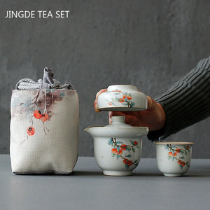 Portable Ceramics Tea Pot and Cup Set Chinese Tea Infuser Customized Tea Ceremony Supplies Travel Tea Set A Pot of Two Cups acacuss