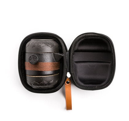 Portable Travel Tea Set | Black | White Stoneware 1 Tea Pot 2 Tea Cups | Office Drinkware | Handmade Tea Ceremony Accessories S - acacuss