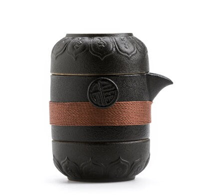 Portable Travel Tea Set | Black | White Stoneware 1 Tea Pot 2 Tea Cups | Office Drinkware | Handmade Tea Ceremony Accessories S - acacuss