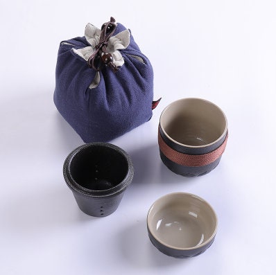 Portable Travel Tea Set | Black | White Stoneware 1 Tea Pot 2 Tea Cups | Office Drinkware | Handmade Tea Ceremony Accessories S - acacuss