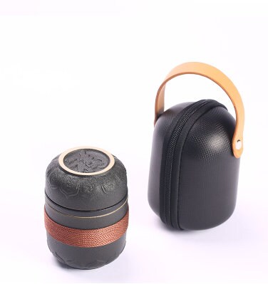 Portable Travel Tea Set | Black | White Stoneware 1 Tea Pot 2 Tea Cups | Office Drinkware | Handmade Tea Ceremony Accessories S - acacuss