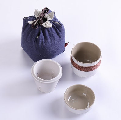 Portable Travel Tea Set | Black | White Stoneware 1 Tea Pot 2 Tea Cups | Office Drinkware | Handmade Tea Ceremony Accessories S - acacuss