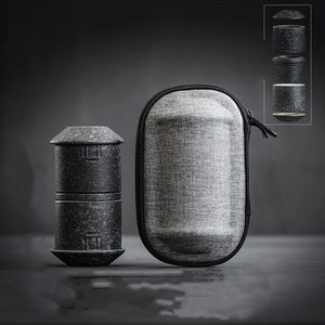 ACACUSS Portable Travel Tea Set | Black Stoneware 1 Tea Pot 2 Tea Cups | Office Drinkware | Handmade Tea Ceremony Accessories | quick guest - ACACUSS